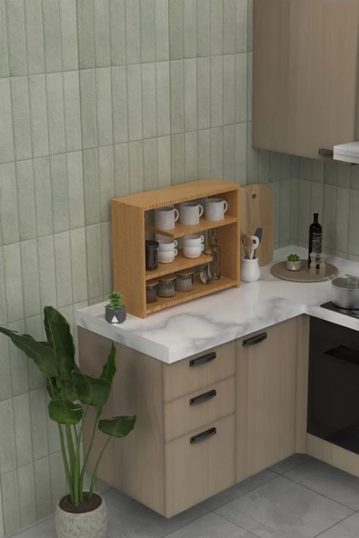 Ahşap Mutfak Tezgah Üstü Dekoratif Organizer Raf - Resim 2