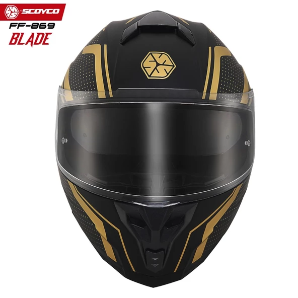 SCOYCO FF-869 BLADE MAT SİYAH-GOLD GÜNEŞ VİZÖRLÜ KAPALI KASK - Resim 4