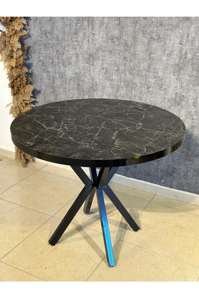 Yuvarlak Yemek Masası Mutfak Masası 90 cm SİYAH MERMER - 4