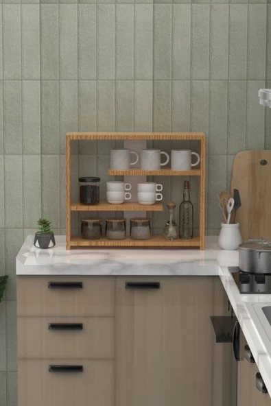 Ahşap Mutfak Tezgah Üstü Dekoratif Organizer Raf - Resim 3