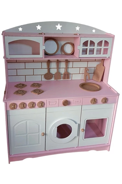 Boyalı Ahşap Oyuncak Mutfak Servis Seti Pembe- Beyaz