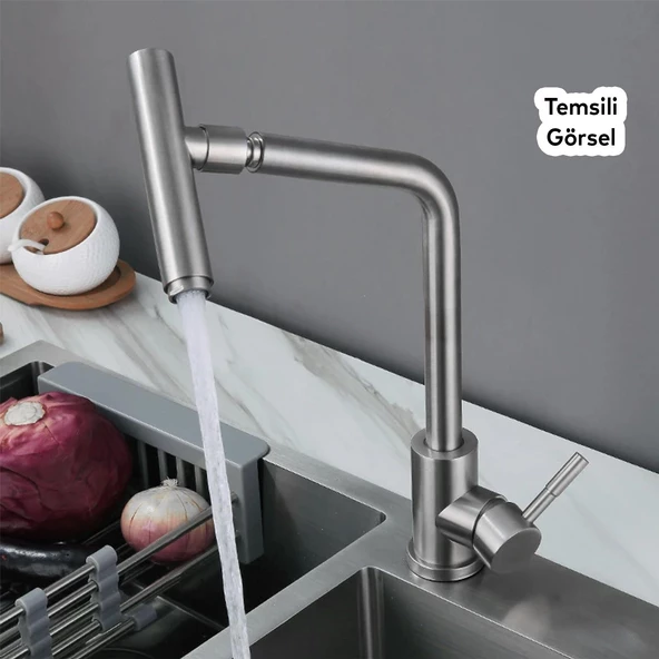 Mutfak Bulaşık Musluğu Lavabo Bataryası Sıcak Soğuk Su Girişli Joystick 360° Evye Musluk Batarya - 5