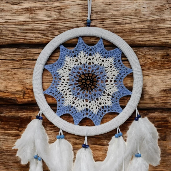 Buz Mavisi Renginde Nazar Motifli Kuş Tüylü Duvar Süsü - Resim 3