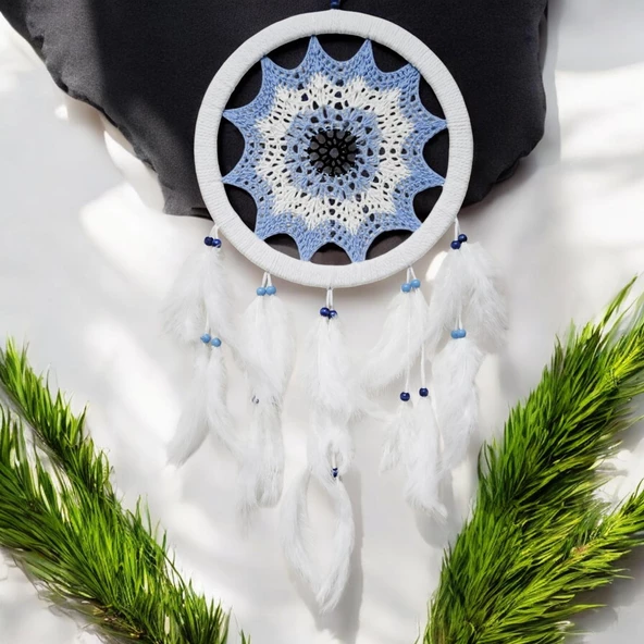 Buz Mavisi Renginde Nazar Motifli Kuş Tüylü Duvar Süsü - Resim 2