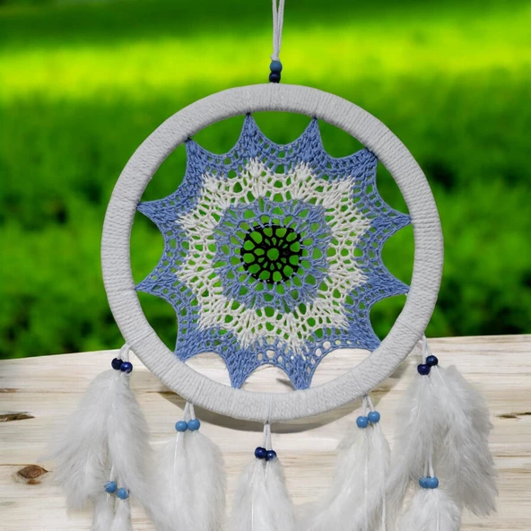 Buz Mavisi Renginde Nazar Motifli Kuş Tüylü Duvar Süsü - Resim 4