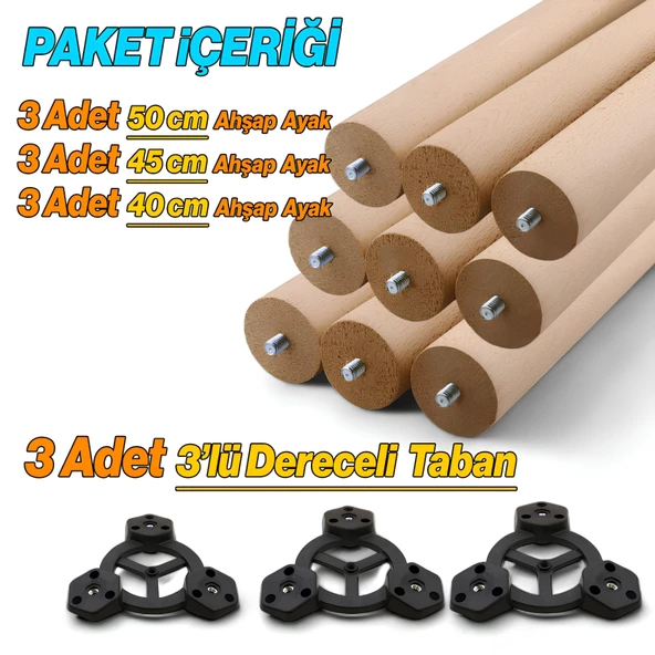 3'lü Sehpa Ayak Takımı Ahşap Zigon Puf Tabure Ayağı Masa Ayakları Açılı Orta Sehpa Bağlantı Aparatlı - 2