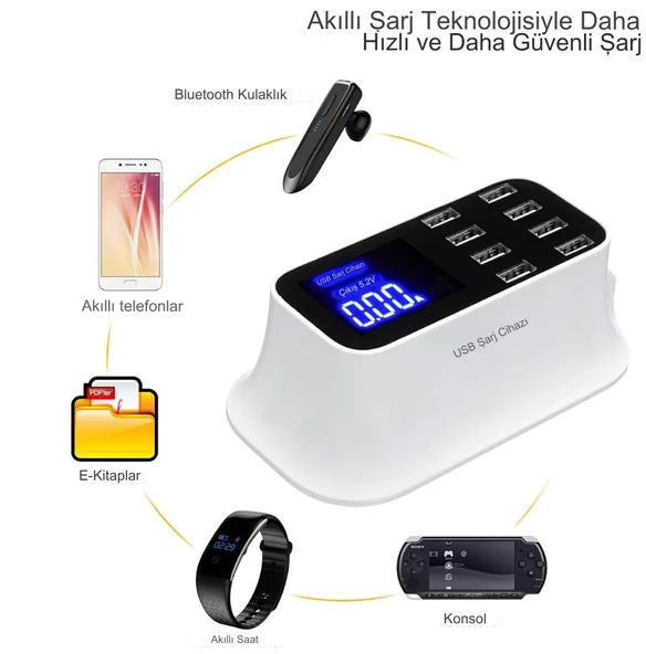 QASUL USB Şarj İstasyonu, LED Ekranlı 8 Bağlantı Noktalı USB Çoklu Bağlantı Noktası Şarj Cihazı, Akıllı Telefonlar Tabletler İçin - 6