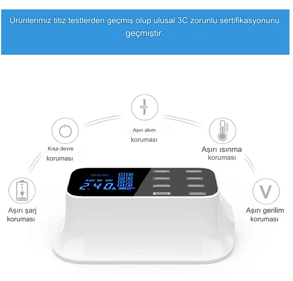 QASUL USB Şarj İstasyonu, LED Ekranlı 8 Bağlantı Noktalı USB Çoklu Bağlantı Noktası Şarj Cihazı, Akıllı Telefonlar Tabletler İçin - 3