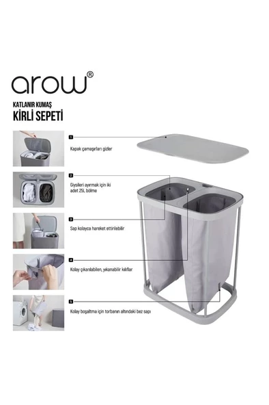 Arow Garb Katlanır Kumaş Kirli Çamaşır Sepeti 50L TR-4668 - 6