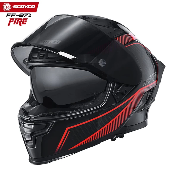 SCOYCO FF-871 FIRE SİYAH-KIRMIZI-CARBON GÜNEŞ VİZÖRLÜ KAPALI KASK (SİYAH CAMLI) - Resim 3