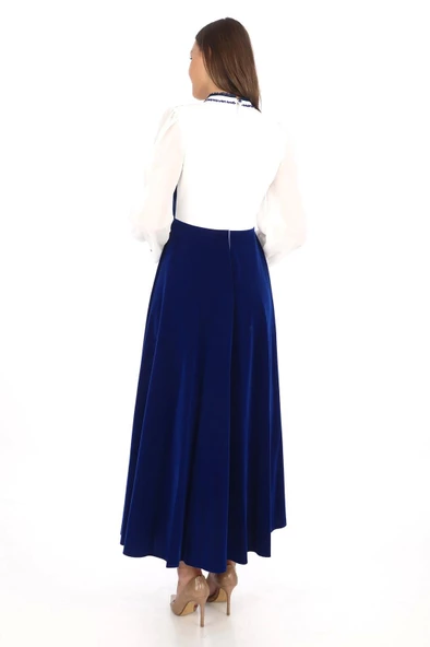 Göğüs Dantel İşlemeli Kadife Abiye 2743-Saks - Resim 4