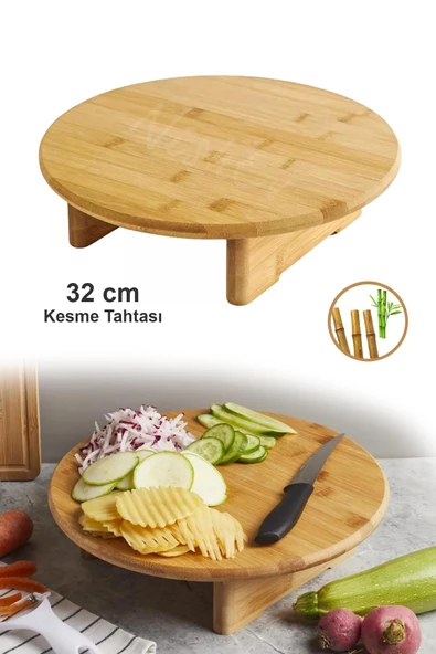 Nishev.com Evini Sev Ayaklı Yuvarlak Kesme Doğrama Tahtası Sunum Tahtası Bambu 32 Cm - 1