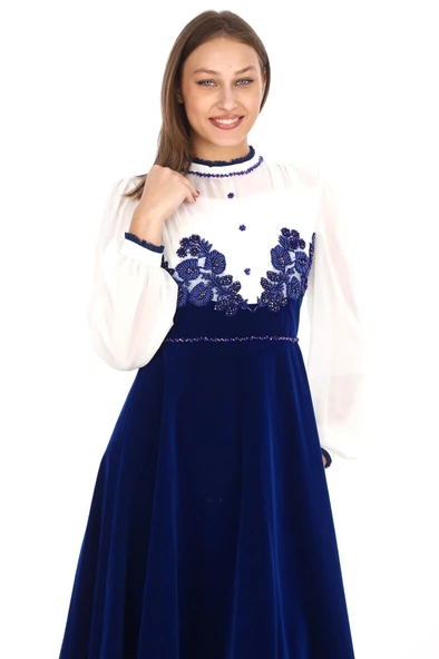 Göğüs Dantel İşlemeli Kadife Abiye 2743-Saks - Resim 3