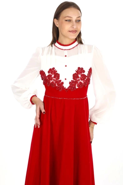 Göğüs Dantel İşlemeli Kadife Abiye 2743-Kırmızı - Resim 3