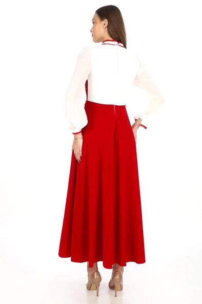 Göğüs Dantel İşlemeli Kadife Abiye 2743-Kırmızı - Resim 4