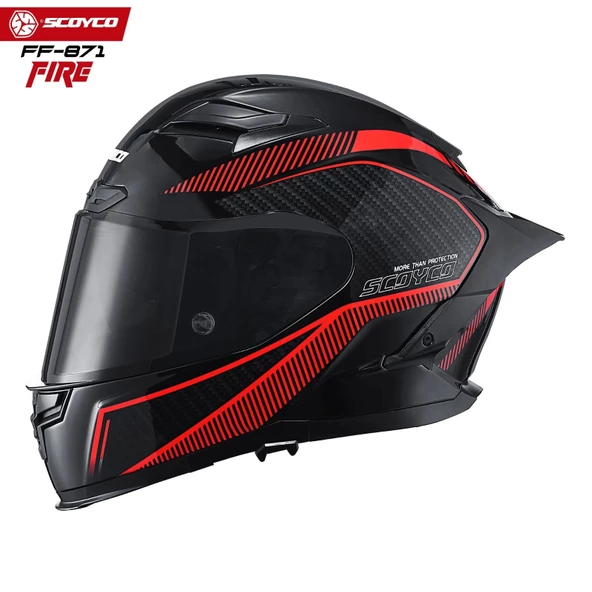 SCOYCO FF-871 FIRE SİYAH-KIRMIZI-CARBON GÜNEŞ VİZÖRLÜ KAPALI KASK (SİYAH CAMLI) - Resim 2
