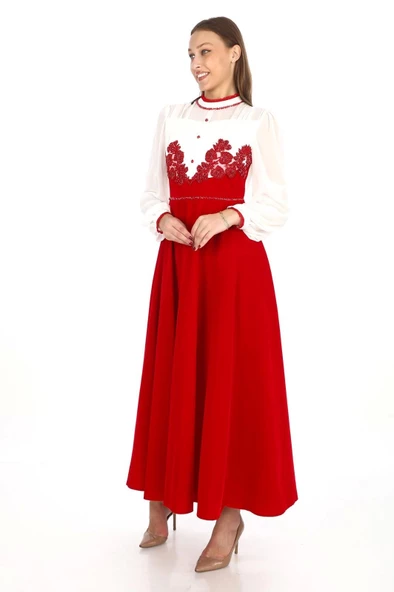 Göğüs Dantel İşlemeli Kadife Abiye 2743-Kırmızı - Resim 2