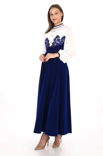 Göğüs Dantel İşlemeli Kadife Abiye 2743-Saks - Resim 2