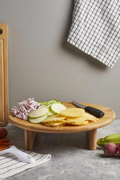 Nishev.com Evini Sev Ayaklı Yuvarlak Kesme Doğrama Tahtası Sunum Tahtası Bambu 30 Cm - 5