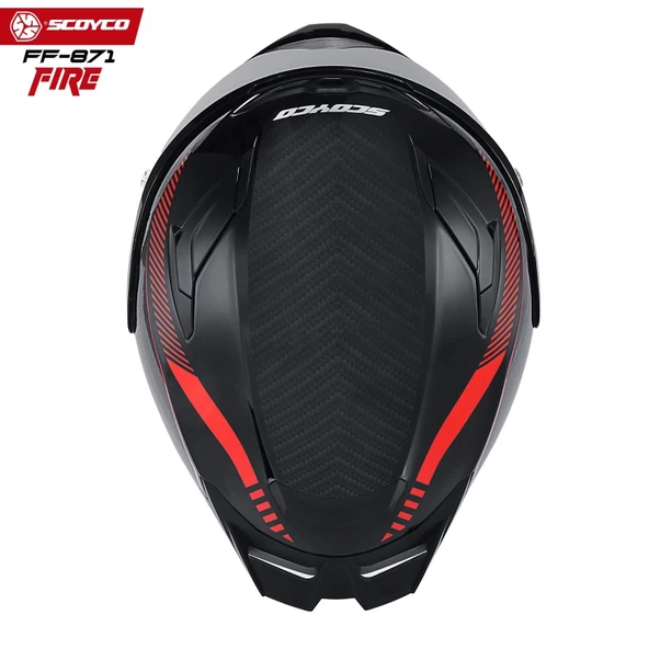 SCOYCO FF-871 FIRE SİYAH-KIRMIZI-CARBON GÜNEŞ VİZÖRLÜ KAPALI KASK (SİYAH CAMLI) - Resim 6