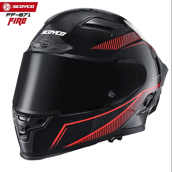 SCOYCO FF-871 FIRE SİYAH-KIRMIZI-CARBON GÜNEŞ VİZÖRLÜ KAPALI KASK (SİYAH CAMLI) ürün görseli