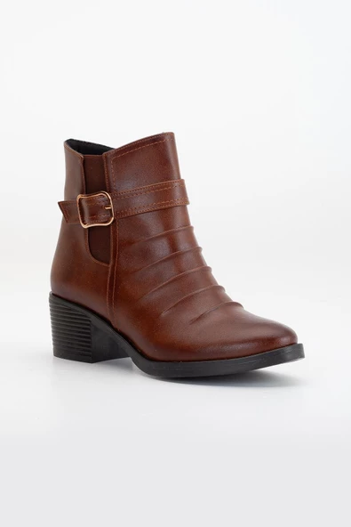 Kadın Topuklu Bot Günlük Taba Yüzü Büzgülü Kalın Topuklu - Resim 4