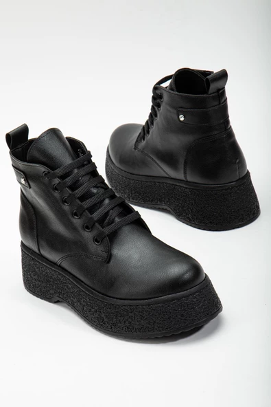 Kadın bot Kalın Taban Siyah Cilt Bağcıklı - Resim 2