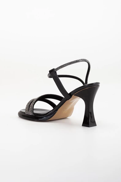 Kalın Sıra Taşlı Sultan Siyah Rugan Kadın Abiye Ayakkabı - Resim 5