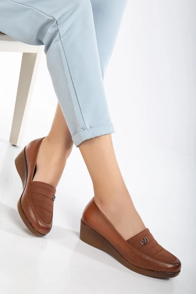 Kadın Dolgu Topuklu Ayakkabı Taba Streç Cilt Yüzü Dikişli - Resim 2