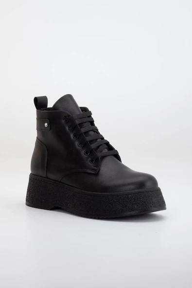 Kadın bot Kalın Taban Siyah Cilt Bağcıklı - Resim 4
