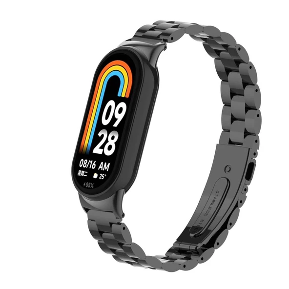 KNY Xiaomi Mi Band 8 İçin Bakla Desenli Kopçalı Metal Kayış-Kordon KRD-04 Siyah