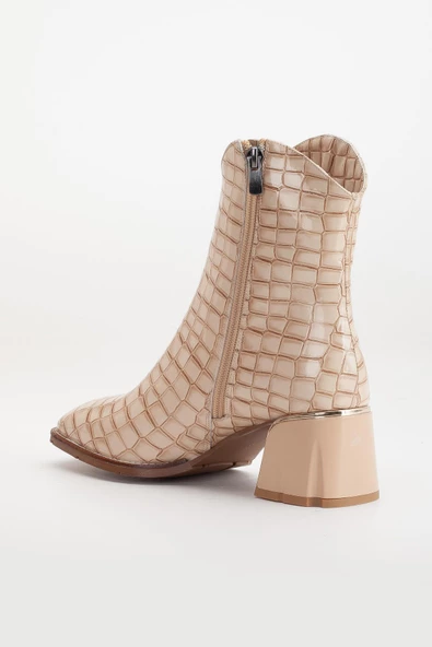 Kadın Topuklu Bot Bej Rugan Kroko Baskılı Klasik Vardola Taban - Resim 5