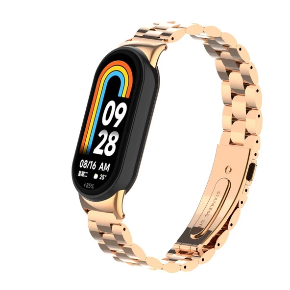 KNY Xiaomi Mi Band 9 İçin Bakla Desenli Kopçalı Metal Kayış-Kordon KRD-04 Rose Gold