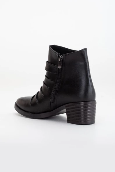 Kadın Topuklu Bot Günlük Siyah Yüzü Büzgülü Kalın Topuklu - Resim 5