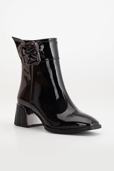 Kadın Topuklu Bot Siyah Klasik Rugan Tokalı Vardola Taban - Resim 4