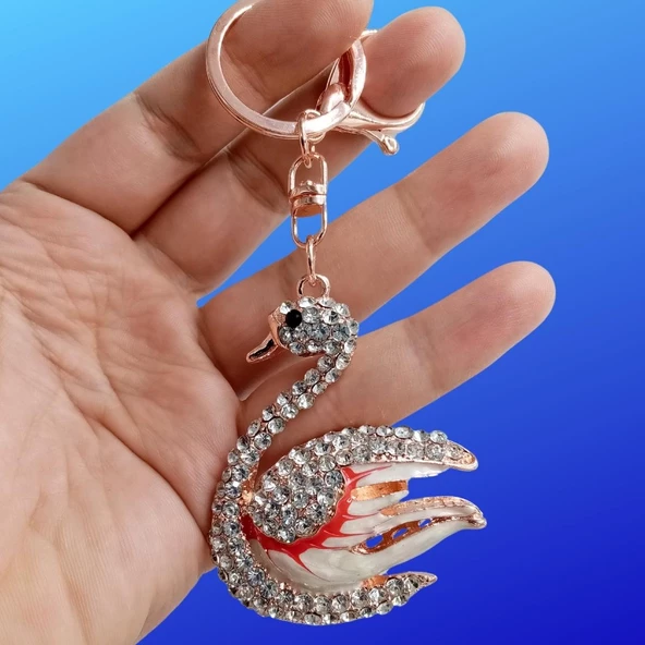 Kristal Taşlı Beyaz Kırmızı Kuğu Anahtarlık No.1 - Resim 2