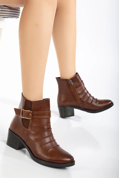 Kadın Topuklu Bot Günlük Taba Yüzü Büzgülü Kalın Topuklu - Resim 2