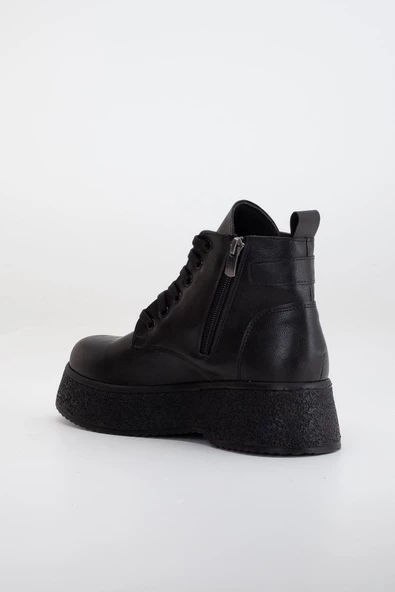 Kadın bot Kalın Taban Siyah Cilt Bağcıklı - Resim 5