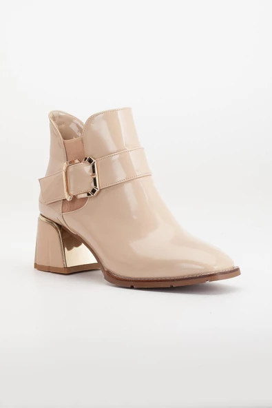 Kadın Topuklu Bot Bej Rugan Tokalı Klasik Vardola Taban - Resim 4