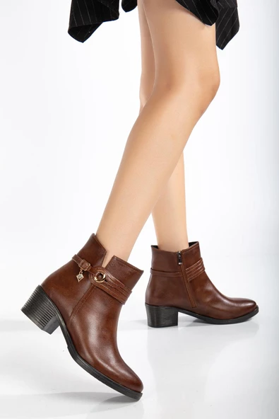 Kadın Topuklu Bot Günlük Taba Biyeli Kalın Topuklu - Resim 2