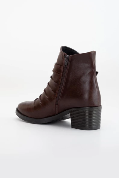 Kadın Topuklu Bot Günlük Kahve Yüzü Büzgülü Kalın Topuklu - Resim 5