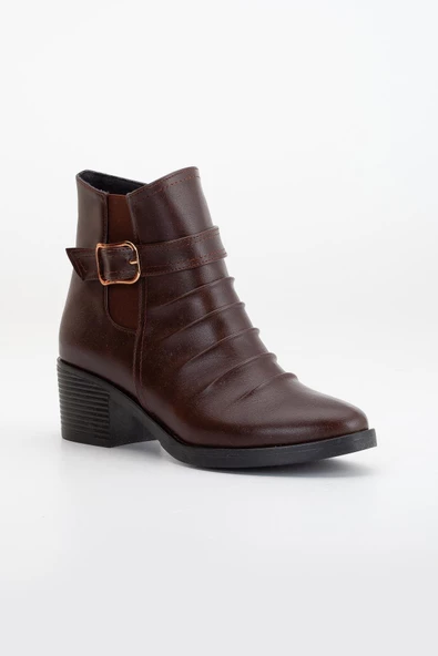 Kadın Topuklu Bot Günlük Kahve Yüzü Büzgülü Kalın Topuklu - Resim 4