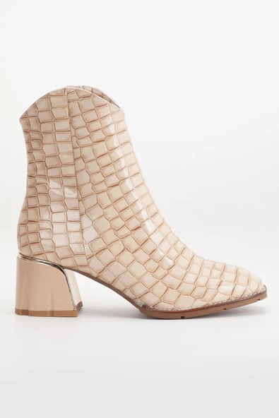 Kadın Topuklu Bot Bej Rugan Kroko Baskılı Klasik Vardola Taban - Resim 3