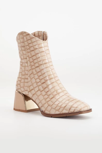 Kadın Topuklu Bot Bej Rugan Kroko Baskılı Klasik Vardola Taban - Resim 4