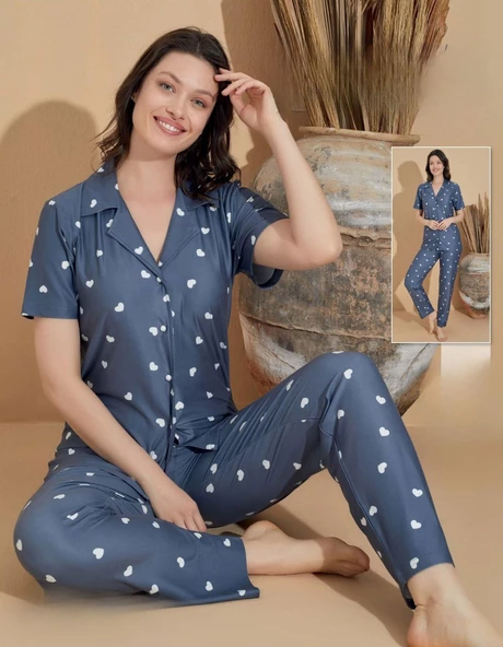 Boyraz Kadın Milan Boydan Düğmeli Kısa Kol Füme İnce Pijama Takımı 11033 - 1 Adet  XL Füme