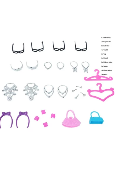 Barbie Bebekler Için 42 Parça Aksesuar Kıyafet Ayakkabı Çanta Askı Gözlük Seti - 3