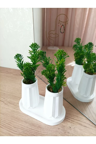 MİNİ DÜZ DESENLİ BETON SAKSI İKİLİ VE OVAL TABAK-YAPAY ÇİÇEK HEDİYELİ - 6