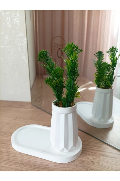 MİNİ DÜZ DESENLİ BETON SAKSI TEKLİ VE OVAL TABAK - YAPAY ÇİÇEK HEDİYELİ - 9