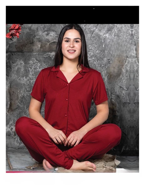 Charme Kadın Milan Gömlek Yaka Kısa Kol Pijama Takımı P300/223- 1 Adet  L Kırmızı - Resim 2