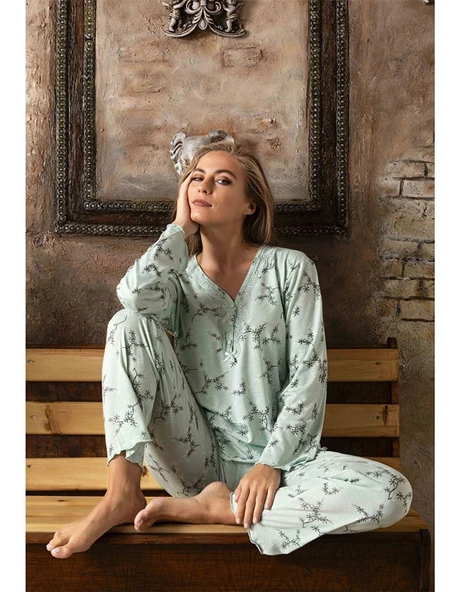 Sude Kadın Bambu Yakası Nakışlı V Yaka Uzun Kol İnce Pijama Takımı 4475/1 - 1 Adet  M Yeşil